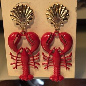Red Lobster Drop Earrings with Gold Tone Shell Studs